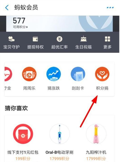 支付宝参加积分捐赠的操作过程截图