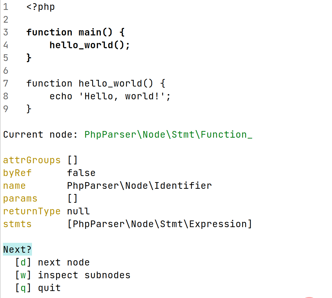 Screenshot of PHP AST inspector